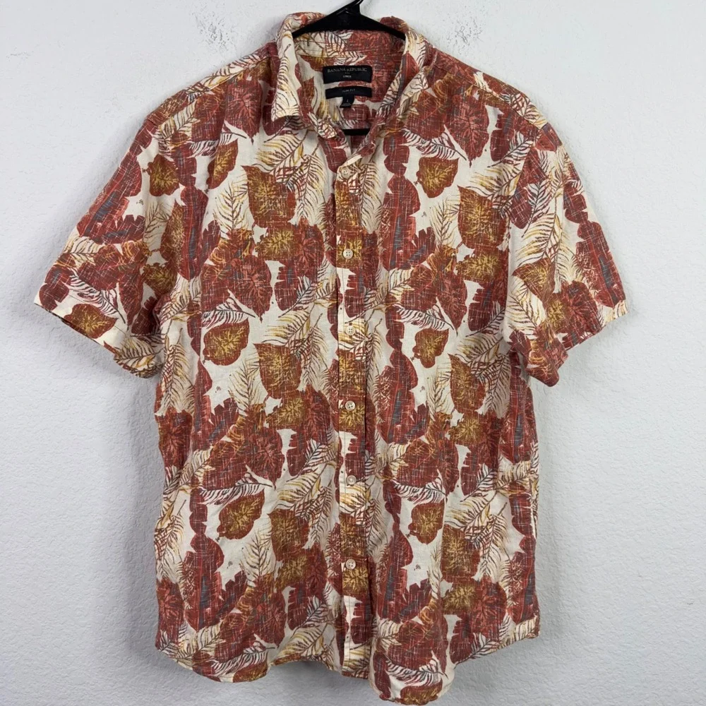 Banana Republic Shirt Mens L Brown Linen Blend Leaf Slim Short‎ Sleeve Tropical